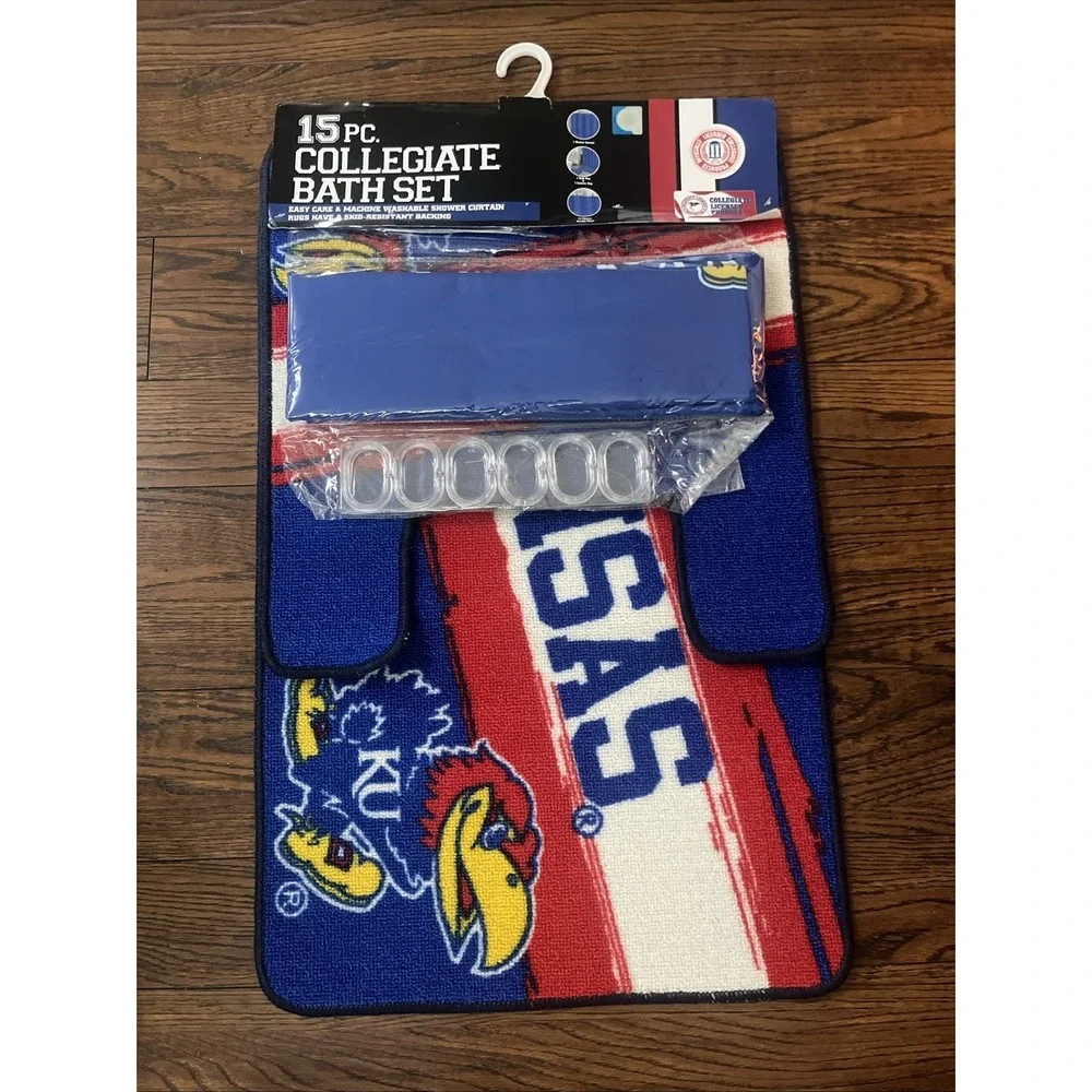 15 piece collegiate bath set kansas jayhawks Shower Curtain & Rings 2 Rugs
